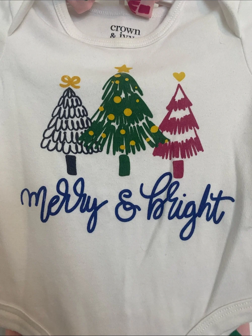 crown & ivy White 'Merry & Bright' Bodysuit with Pink Holiday Tree Leggings